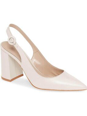 Women's Beige Slingback Chunky Heel Slip On Pointed Toe Block Dress Shoes